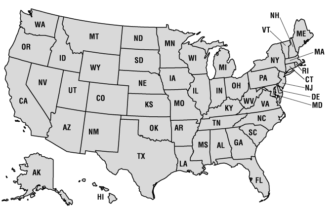 map of united states with postal abbrev